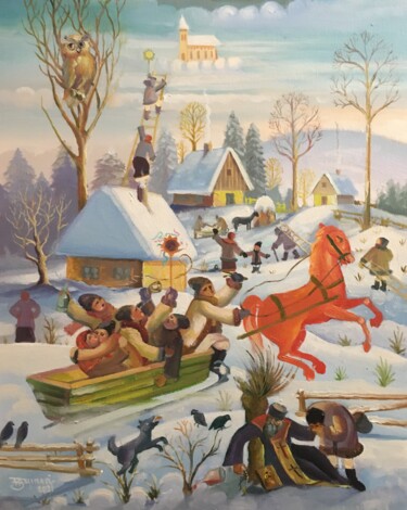 Painting titled "Romanian Christmas" by Bejinari Florin, Original Artwork, Oil