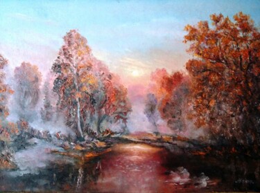 Painting titled "утро туман" by Beker, Original Artwork, Oil