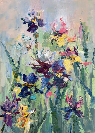 Painting titled "Irises #5" by Olga Beketova, Original Artwork, Oil Mounted on Wood Stretcher frame
