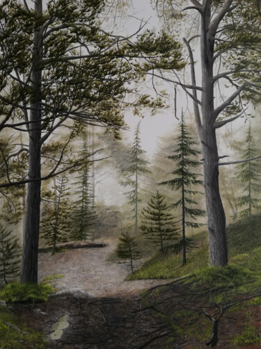 Painting titled "Misty Forest" by Bekir İSlam, Original Artwork, Pigments Mounted on Wood Stretcher frame