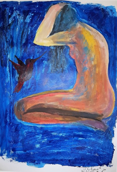 Painting titled "Bath with a Bird .j…" by Jihane Bekkaoui, Original Artwork, Acrylic