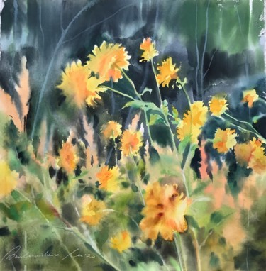 Pintura titulada "Golden flowers" por Maria Beklemisheva (be_mary_art), Obra de arte original, Acuarela