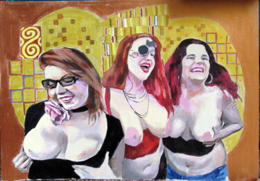 Painting titled "Three happy girls." by Bela Kovacs, Original Artwork, Acrylic