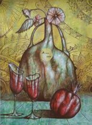 Pintura intitulada "Натюрморт с гранато…" por Bela Lebedeva, Obras de arte originais, Acrílico