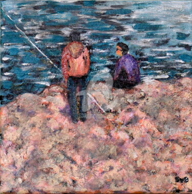 Schilderij getiteld "Fishermen" door Svetlana Belenkin, Origineel Kunstwerk, Acryl Gemonteerd op Frame voor houten brancard