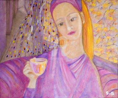 Painting titled "Morning coffee" by Svetlana Belenkin, Original Artwork, Oil Mounted on Wood Stretcher frame