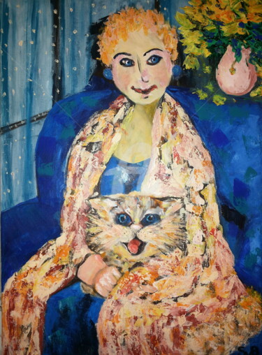 Schilderij getiteld "Lady with cat" door Svetlana Belenkin, Origineel Kunstwerk, Acryl Gemonteerd op Frame voor houten branc…