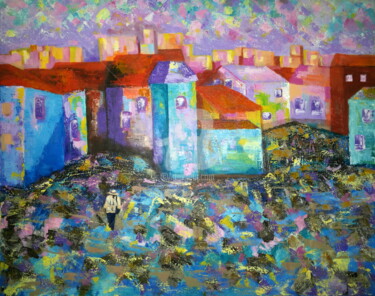 Painting titled "Morning on the subu…" by Svetlana Belenkin, Original Artwork, Acrylic Mounted on Wood Stretcher frame