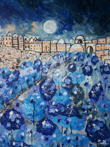 Painting titled "Night with moon" by Svetlana Belenkin, Original Artwork, Acrylic Mounted on Wood Stretcher frame