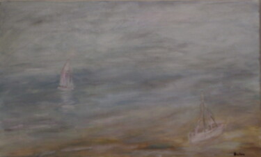 Pintura intitulada "Bateaux à marée bas…" por Belas, Obras de arte originais, Óleo Montado em Armação em madeira