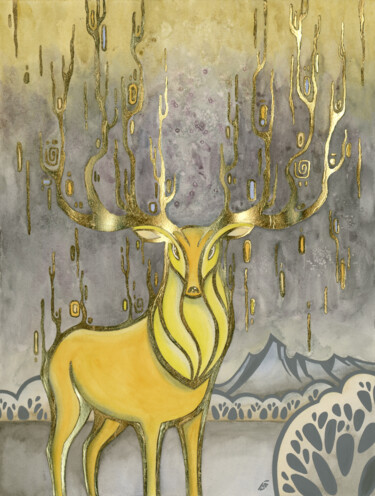 Malerei mit dem Titel "Golden deer, yellow…" von Yulia Belasla, Original-Kunstwerk, Aquarell