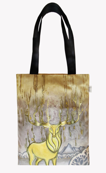 Art textile intitulée "Golden deer, Gray a…" par Yulia Belasla, Œuvre d'art originale, Impression numérique