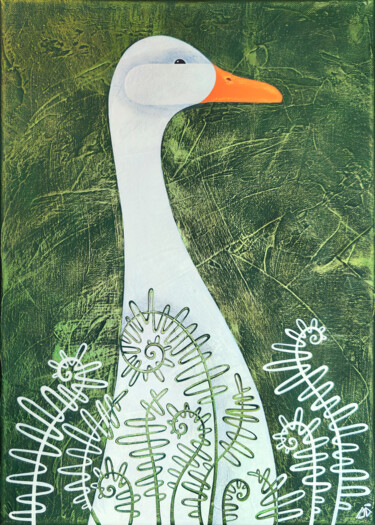 Painting titled "Goose in the fern" by Yulia Belasla, Original Artwork, Acrylic