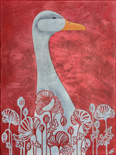 Peinture intitulée "Goose in the poppys" par Yulia Belasla, Œuvre d'art originale, Acrylique