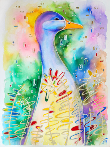Peinture intitulée "Goose in the grass" par Yulia Belasla, Œuvre d'art originale, Aquarelle