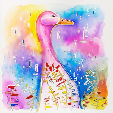 Ζωγραφική με τίτλο "Pink Goose in the g…" από Yulia Belasla, Αυθεντικά έργα τέχνης, Ακουαρέλα
