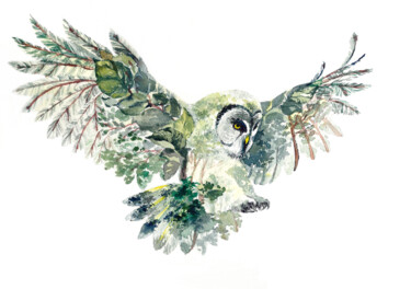 Painting titled "Green owl" by Yulia Belasla, Original Artwork, Watercolor