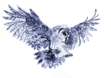 Malerei mit dem Titel "Owl, Blue" von Yulia Belasla, Original-Kunstwerk, Aquarell