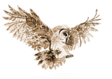 Malerei mit dem Titel "Owl, Sepia" von Yulia Belasla, Original-Kunstwerk, Aquarell