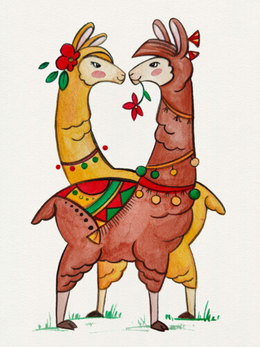 Картина под названием "Lamas in love" - Yulia Belasla, Подлинное произведение искусства, Акварель