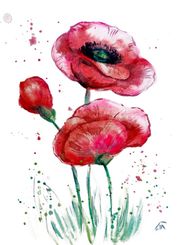 Painting titled "Poppies" by Yulia Belasla, Original Artwork, Watercolor
