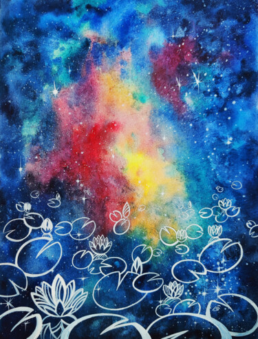 Pintura intitulada "Cosmic lotuses" por Yulia Belasla, Obras de arte originais, Aquarela