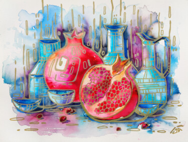 Painting titled "Still life with gre…" by Yulia Belasla, Original Artwork, Watercolor