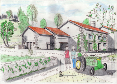 Drawing titled "Ferme" by Belfeygor, Original Artwork, Watercolor