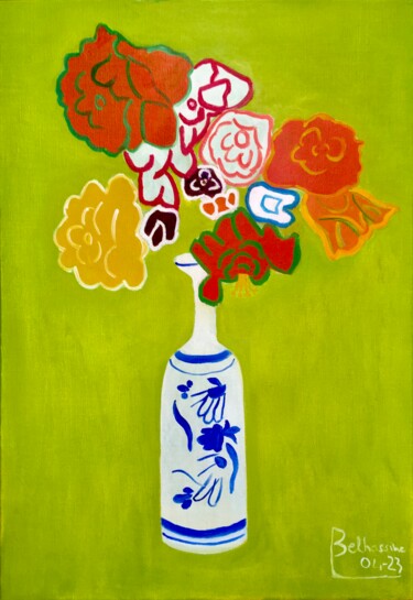 Malerei mit dem Titel "Le bouquet vert" von Khaled Belhassine, Original-Kunstwerk, Öl Auf Keilrahmen aus Holz montiert