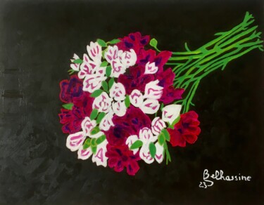 Картина под названием "Le bouquet violet" - Khaled Belhassine, Подлинное произведение искусства, Масло Установлен на Деревян…