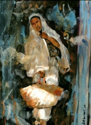 Peinture intitulée "femme au marché" par Abdelkader Belkhorissat, Œuvre d'art originale