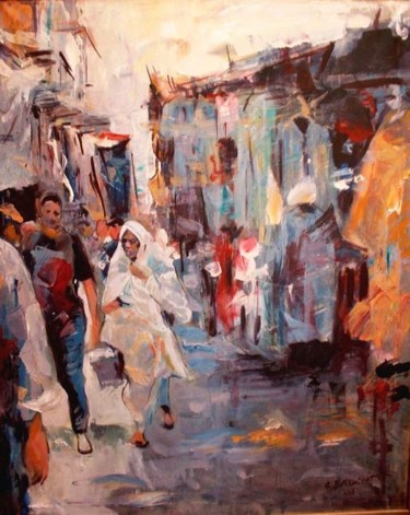 Painting titled "Souk a Tlemcen" by Abdelkader Belkhorissat, Original Artwork