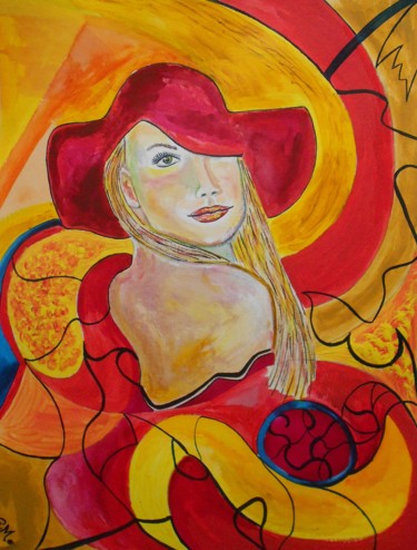 Malerei mit dem Titel "Le chapeau rouge" von Andrea Schimböck-Marock, Original-Kunstwerk, Acryl