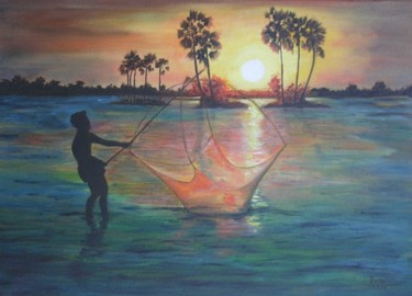 Pintura intitulada "Pêche en Thailande" por Danielle Belle Josse, Obras de arte originais