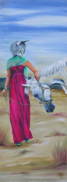 Painting titled "Avec mon cheval bla…" by Danielle Belle Josse, Original Artwork