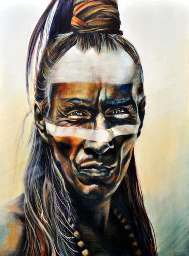 Schilderij getiteld "mayan indian" door Bellule' Art, Origineel Kunstwerk, Acryl Gemonteerd op Frame voor houten brancard