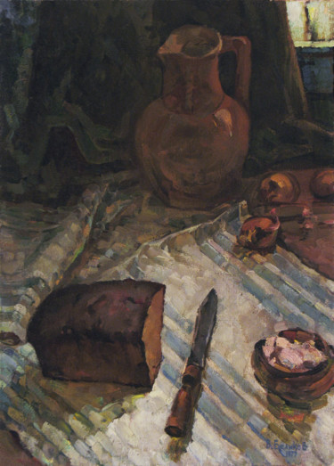 Pittura intitolato "Still life with bre…" da Vasily Belikov, Opera d'arte originale, Olio