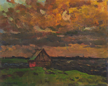 Картина под названием "House near the river" - Vasily Belikov, Подлинное произведение искусства, Масло