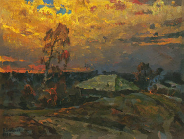 Painting titled "Birch near the house" by Vasily Belikov, Original Artwork, Oil