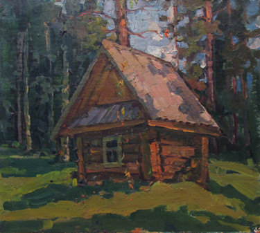 Painting titled "Hut in the forest" by Vasily Belikov, Original Artwork, Oil