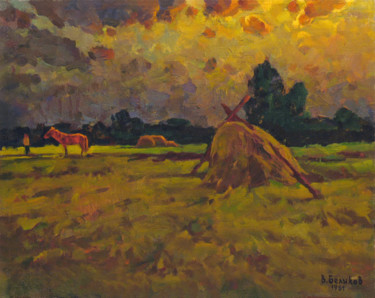 Pintura intitulada "Red horse on the me…" por Vasily Belikov, Obras de arte originais, Óleo