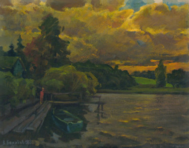 Pittura intitolato "Boat on the evening…" da Vasily Belikov, Opera d'arte originale, Olio