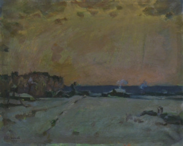 Malarstwo zatytułowany „Winter evening in t…” autorstwa Vasily Belikov, Oryginalna praca, Olej