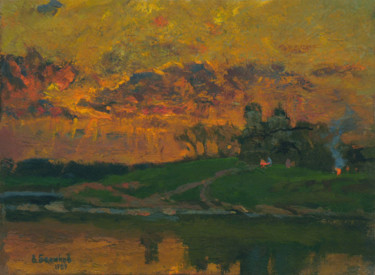 Peinture intitulée "Fires across the ri…" par Vasily Belikov, Œuvre d'art originale, Huile