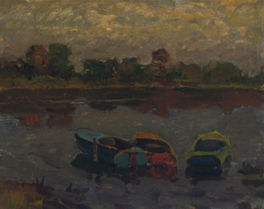 Ζωγραφική με τίτλο "Boats" από Vasily Belikov, Αυθεντικά έργα τέχνης, Λάδι