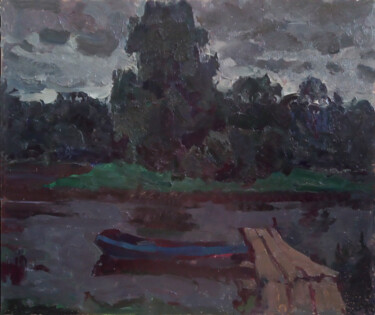 Pittura intitolato "Boat on the evening…" da Vasily Belikov, Opera d'arte originale, Olio