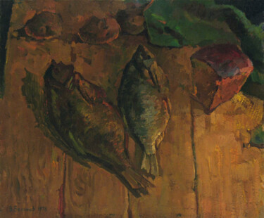 Painting titled "Still life with fish" by Vasily Belikov, Original Artwork, Oil