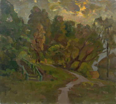Painting titled "Bridge in the forest" by Vasily Belikov, Original Artwork, Oil