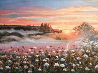 Картина под названием "Туман на реке" - Наталья Белякова, Подлинное произведение искусства, Масло