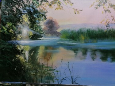 Картина под названием "Рассвет на реке" - Наталья Белякова, Подлинное произведение искусства, Масло